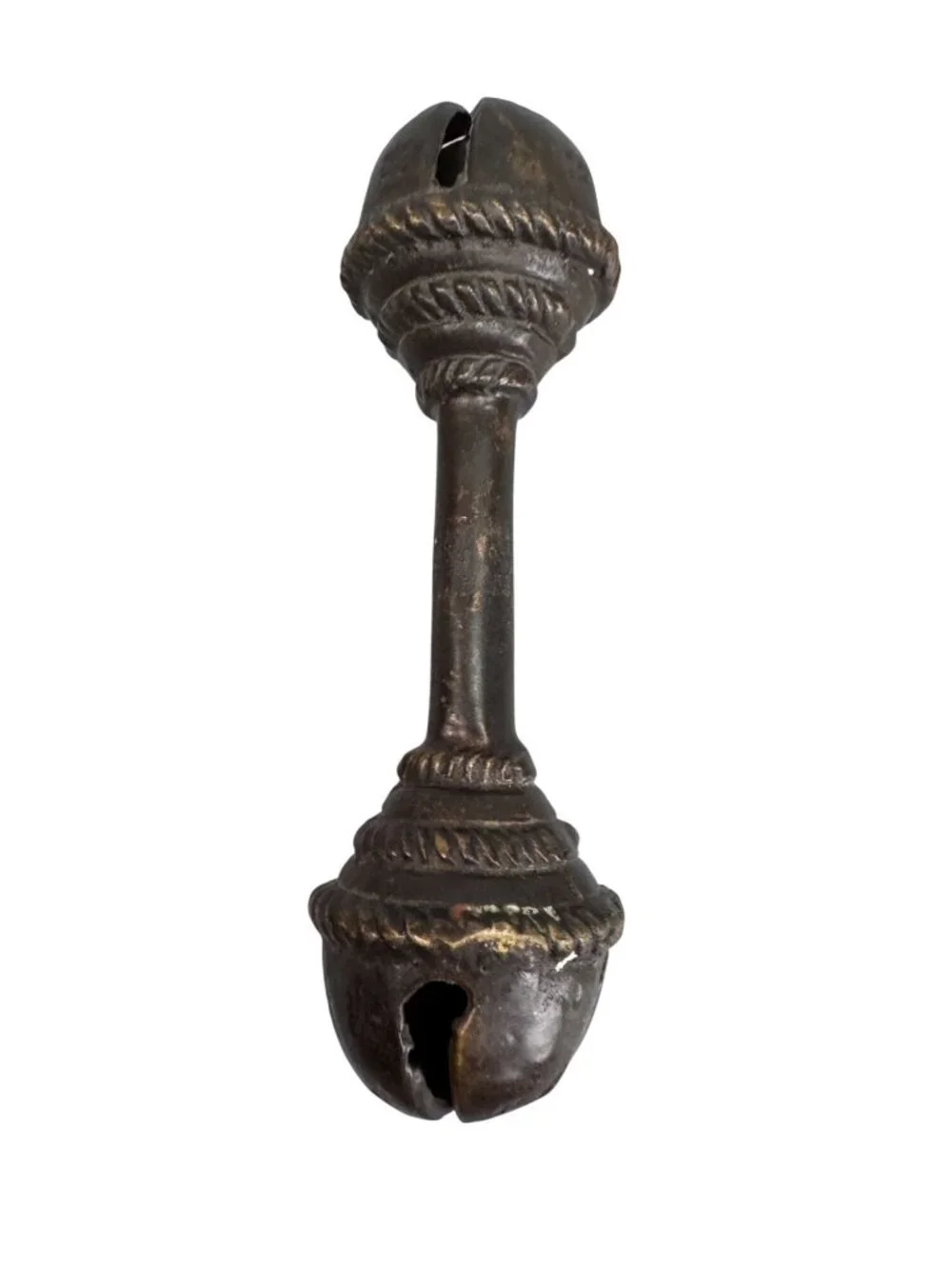 Antique Brass Baby Rattle Double Bell Primitive Nursery Decor 6 Inch 13 Oz - Picture 3 of 10